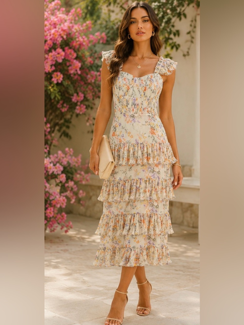 Reset Floral Ruffle Midi Dress in Cream Floral